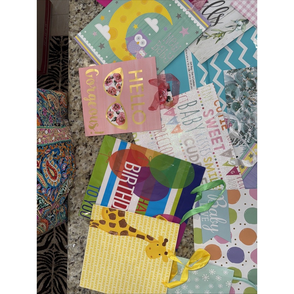 Lot of 13 Colorful Tote‎ Gift Bags w Handles birthday, baby Cmas Your BD. 3837